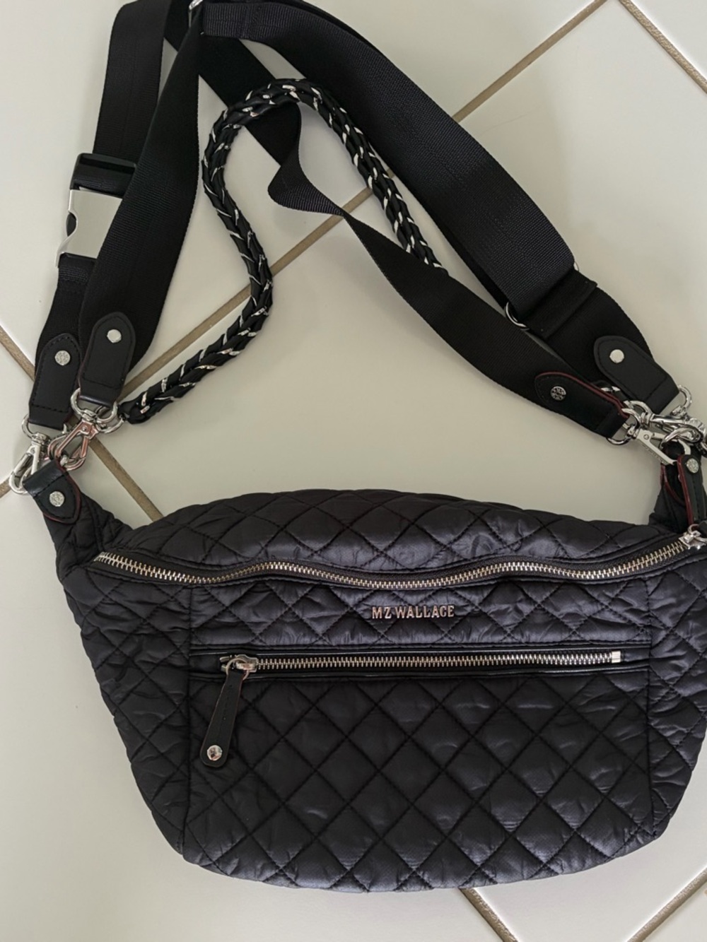 MZ Wallace Quilted Black Crossbody Belt Bag with Braided Strap Detail